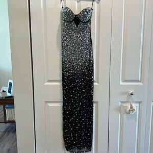 NWT Black, iridescent, and pearl strapless floor length prom dress
